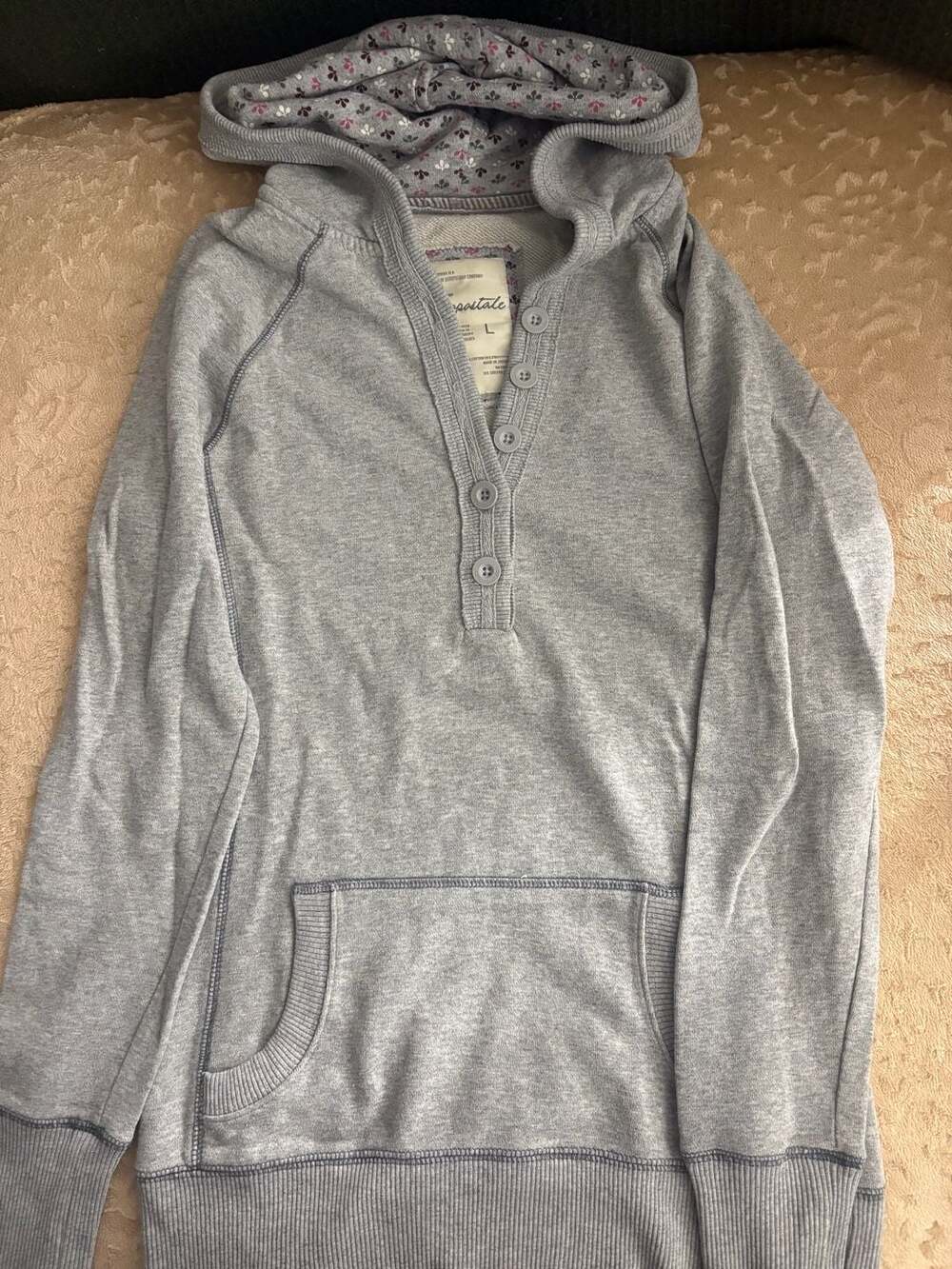 Aeropostale Gray Henley Hoodie Sweatshirt with Floral Lined Hood Size L